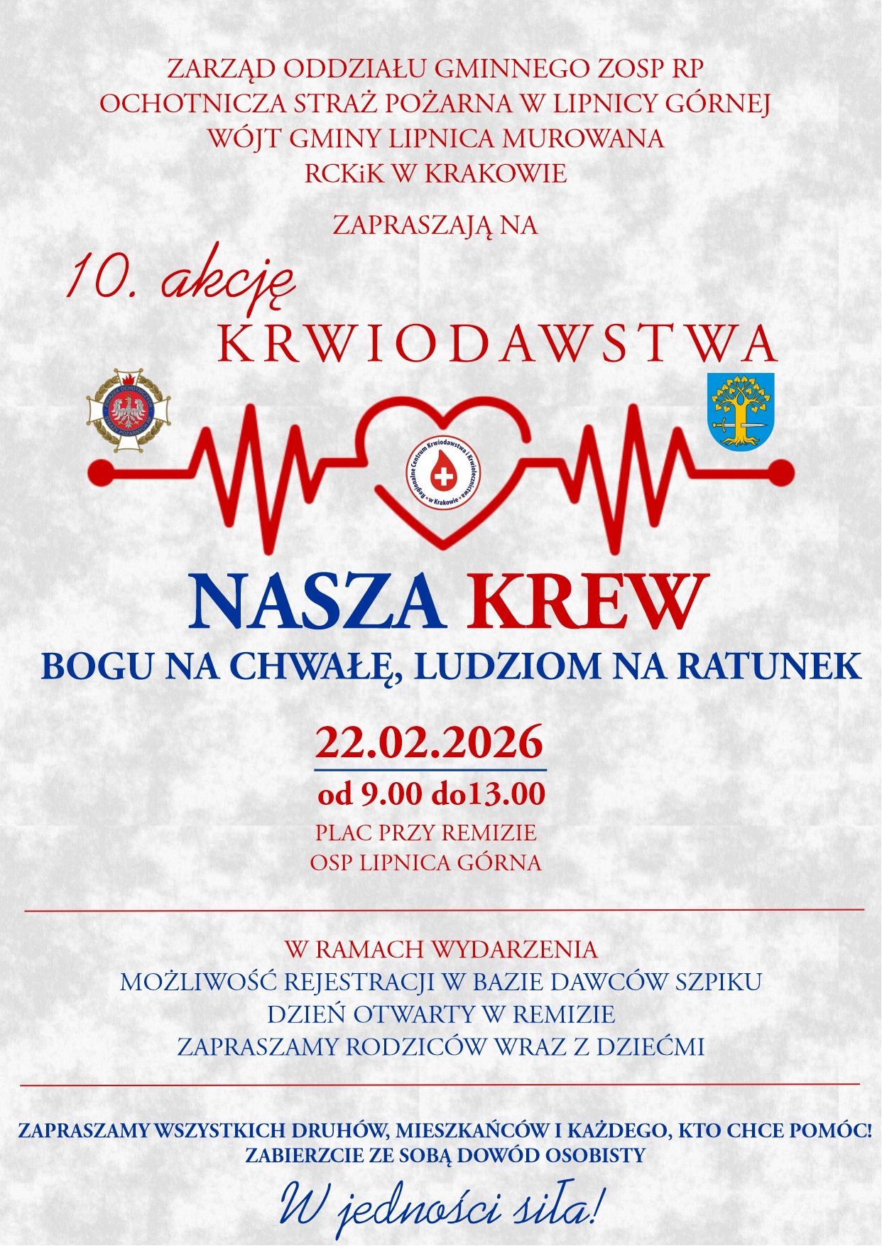 JUŻ W TĄ NIEDZIELĘ ZAPRASZAMY NA AKCJĘ KRWIODAWSTWA W LIPNICY GÓRNEJ