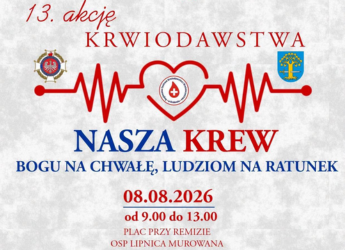 ZAPRASZAMY NA 13. AKCJĘ KRWIODAWSTWA W SOBOTĘ W LIPNICY MUROWANEJ!